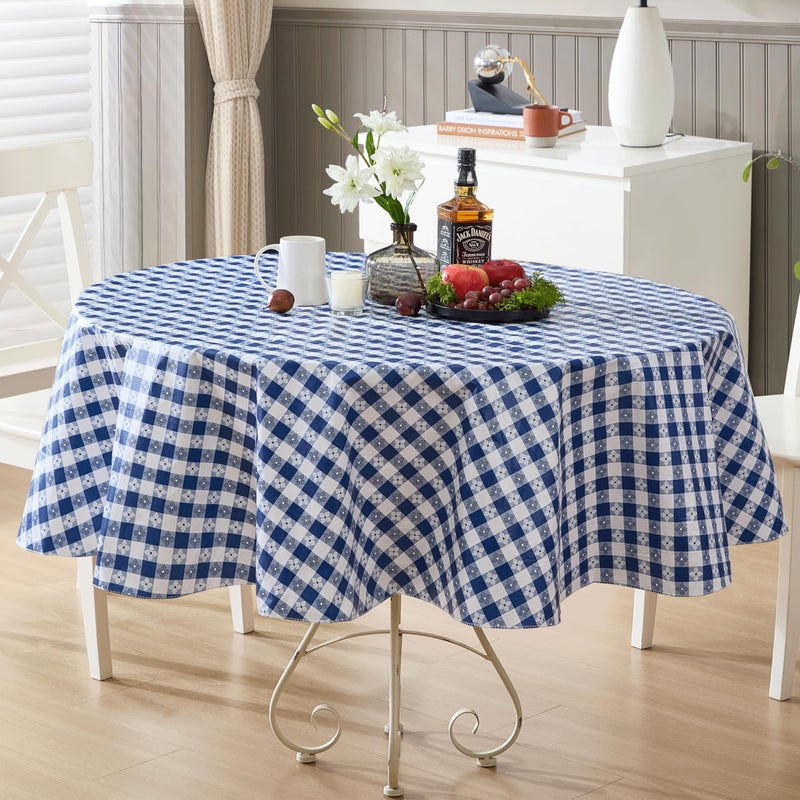 Newbridge 70 Inch Round Vinyl Tablecloth with Flannel Backing, Bistro Tavern Check, CafÃ© Checkered Indoor Outdoor Vinyl Table Cover for Picnic, Barbecue and Patio Dining, Blue - Image 1